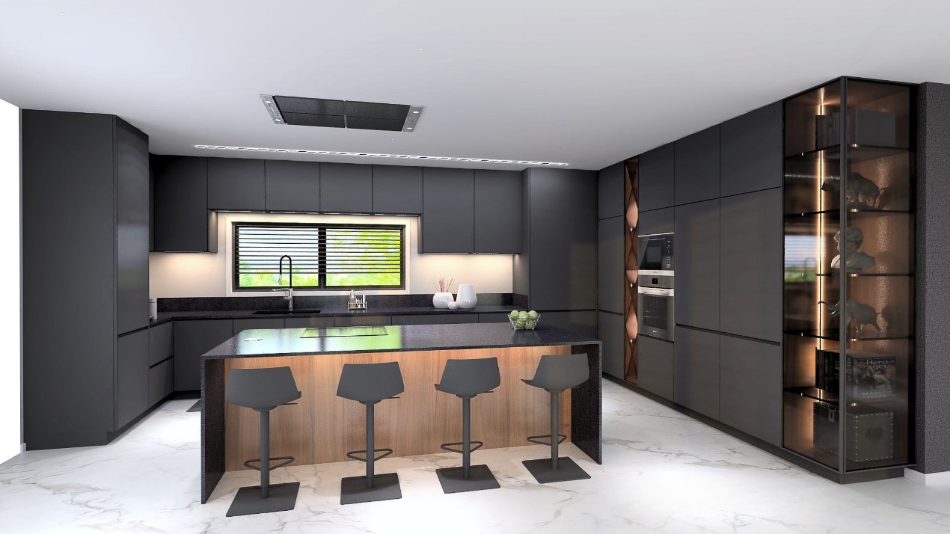 Modélisation 3D finale d'une cuisine noire avec îlot et tabourets