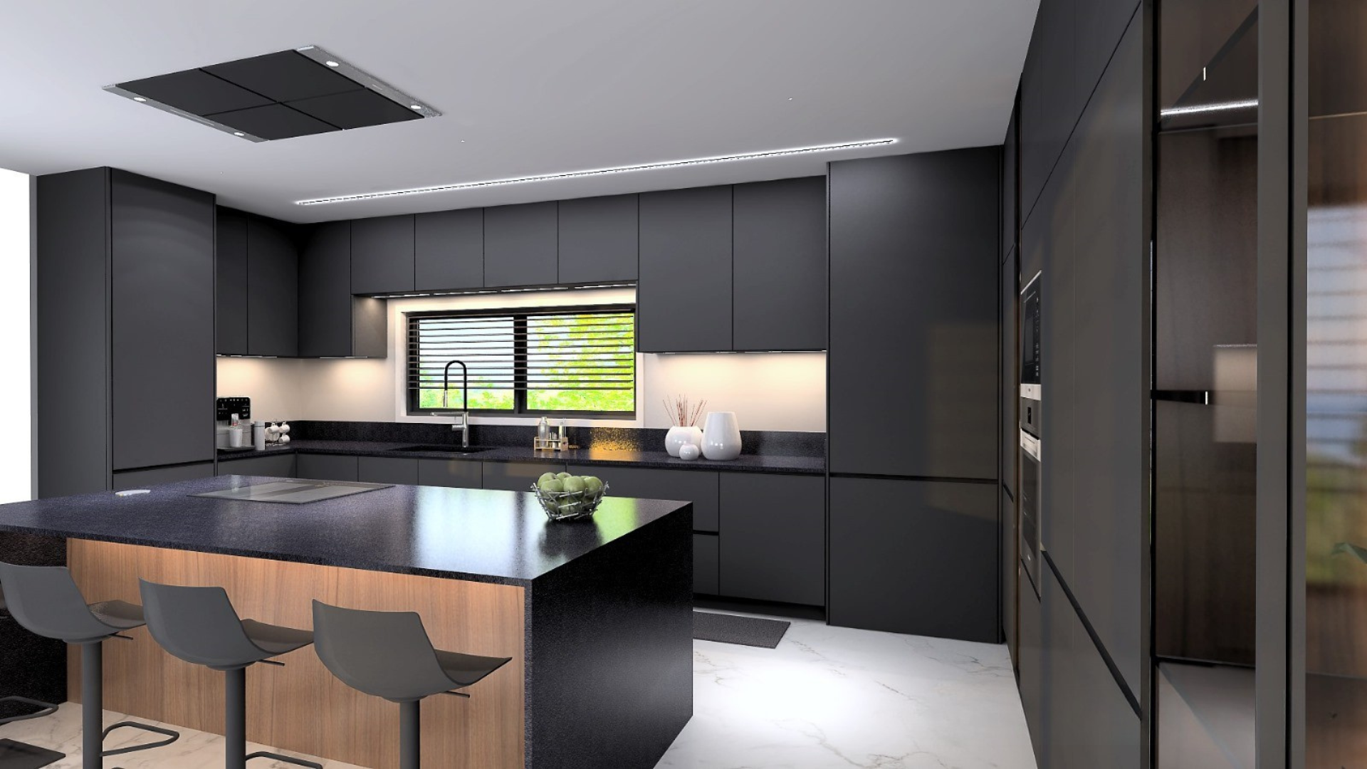 Modélisation 3D d'une cuisine noire avec îlot bois