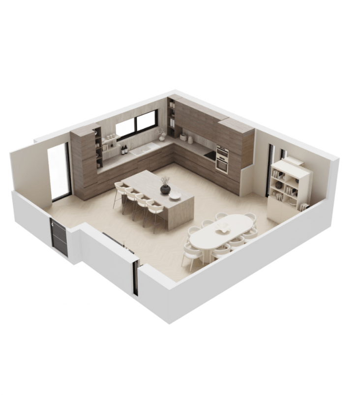 Plan 3D d'une cuisine ouverte en cours de conception