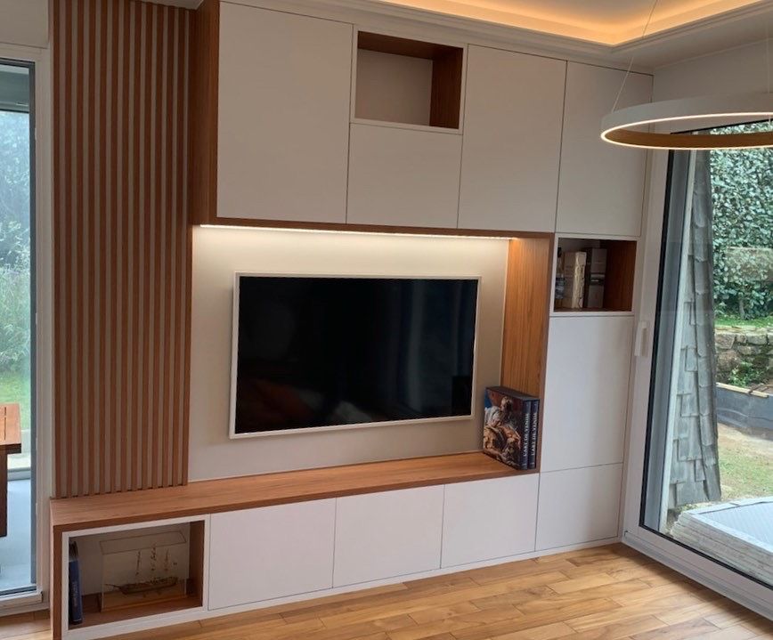 Meuble TV gris bibliothèque bois